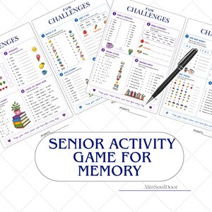 May include: A set of printed activity sheets titled Fun Challenges with various cognitive exercises like word scrambles, matching, and logic puzzles, accompanied by a black ballpoint pen. The text Senior Activity Game For Memory is displayed.