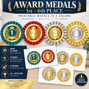 Puede incluir: Un conjunto de medallas imprimibles con los números del 1 al 6 en colores azul, rojo, plata y oro. El diseño incluye rosetas circulares con coronas de laurel y coronas. La imagen muestra archivos digitales para imprimir en casa en formato PDF.