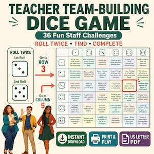 May include: A teacher team-building dice game printable featuring 36 staff challenges. The grid displays dice icons for rows and columns, with instructions to roll twice to find and complete tasks. Includes three illustrated people and PDF icons.
