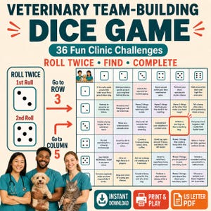 Könnte beinhalten: Ein Würfelspiel für das Veterinär-Team mit 36 Klinik-Herausforderungen. Das Spielbrett zeigt ein Raster mit Würfelsymbolen und Textanweisungen für Aktivitäten. Enthält eine Anleitung zum zweimaligen Würfeln, um Zeile und Spalte zu finden.