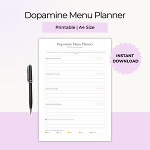 May include: A printable A4-sized Dopamine Menu Planner with a white background and a purple border. The planner includes sections for activities and a pen. The text "Dopamine Menu Planner" is at the top.