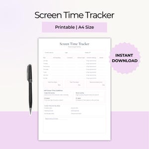 May include: A printable A4 size screen time tracker with a purple and white design. The document includes sections for tracking daily activities, duration, and content ratings. A black pen is placed on the left side of the image.