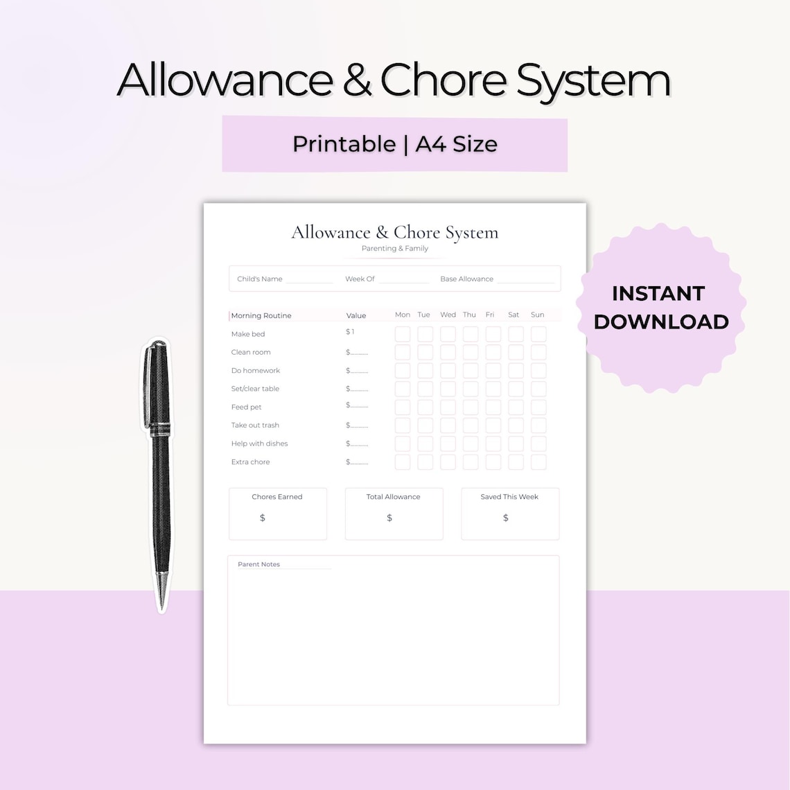 Allowance Chore Chart for Kids, Weekly Chore Tracker, Kids Money ...