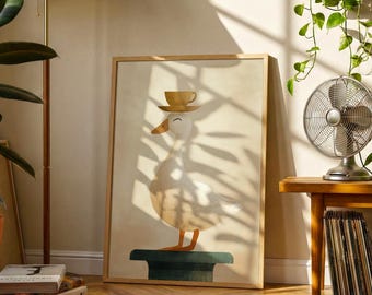 Whimsical Duck With Cup Folk Art Print | Minimalist Animal Wall Decor