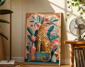 Cheetah Tropical Poster | Vintage Folk Art Animal Print | Botanical Maximalist Wall Art