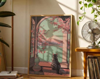 Cat Mount Fuji Print | Japanese Style Cherry Blossom Landscape Decor