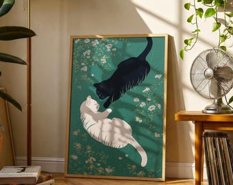 Meadow Cats Print | Black White Cat Illustration Wall Art