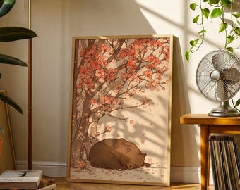 Sleeping Bear Cherry Blossom Print | Vintage Woodblock Spring Nature Decor