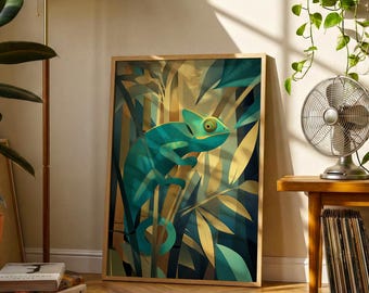 Turquoise Chameleon Poster | Tropical Jungle Animal Print | Vintage Botanical Wall Art