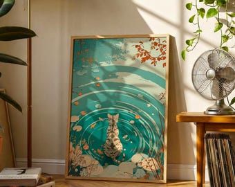 Cat Pond Print | Japanese Style Koi Fish Wall Art, Autumn Nature Decor