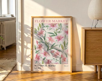 Vintage Lily Floral Print | Cottagecore Botanical Wall Art | Romantic Pink Red Flower Poster Decor