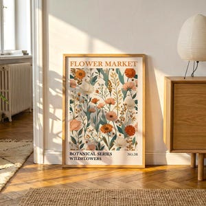 Estampado de flores silvestres color naranja quemado / Arte mural botánico vintage de mediados de siglo