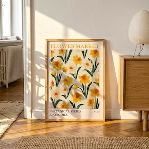 Vintage narcissenprint | Lente botanische muurkunst | Gele bloemenposter voor Cottagecore Home Decor