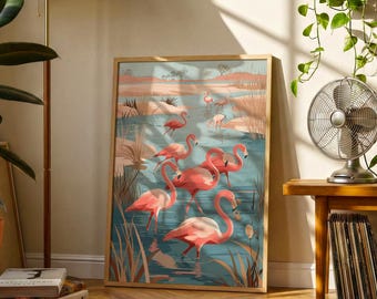 Flamingo Wetland Print | Vintage Folk Wildlife Illustration, Coastal Marsh Art