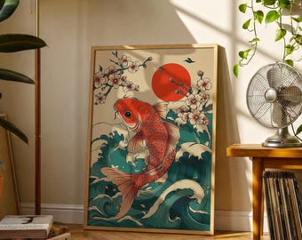 Red Koi Fish Print | Japanese Woodblock Style Wall Art, Cherry Blossom Decor