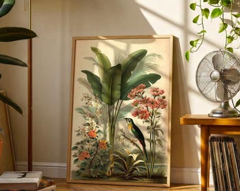 Tropical Bird Print | Vintage Botanical Jungle Wall Art, Cream Folk Illustration Poster