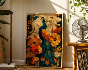 Peacock Garden Poster | Vintage Folk Art Bird Print | Ornamental Floral Wall Art