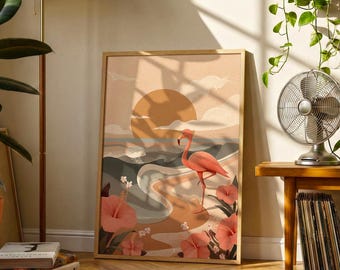 Flamingo Beach Poster | Vintage Folk Illustration Coastal Wall Art