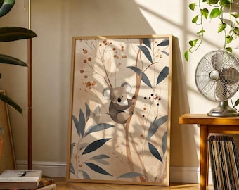 Lámina botánica de koala / Arte mural vintage de animales, ilustración de eucalipto, decoración folclórica neutra