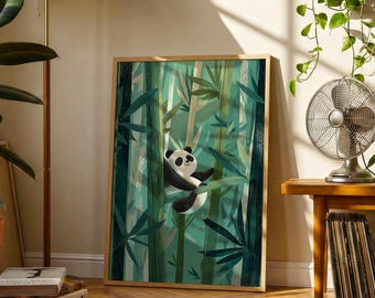 Panda Bamboo Poster | Vintage Style Panda Print | Whimsical Forest Animal Wall Art