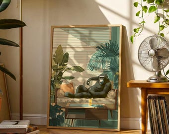 Chimpanzee Lounge Print | Retro Tropical Mid Century Wall Art