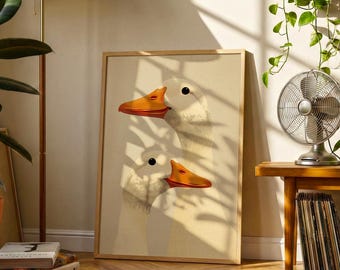 Vintage Duck Print | Cream Folk Animal Wall Art, Scandinavian Decor