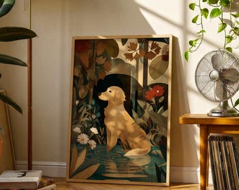 Golden Retriever Woodland Print | Vintage Botanical Dog Wall Art
