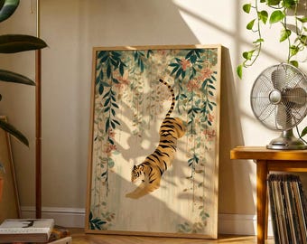 Stretching Tiger Print | Vintage Folk Botanical Wall Art Poster