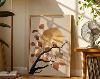 Monkey Moon Print | Vintage Botanical Folk Illustration Wall Art