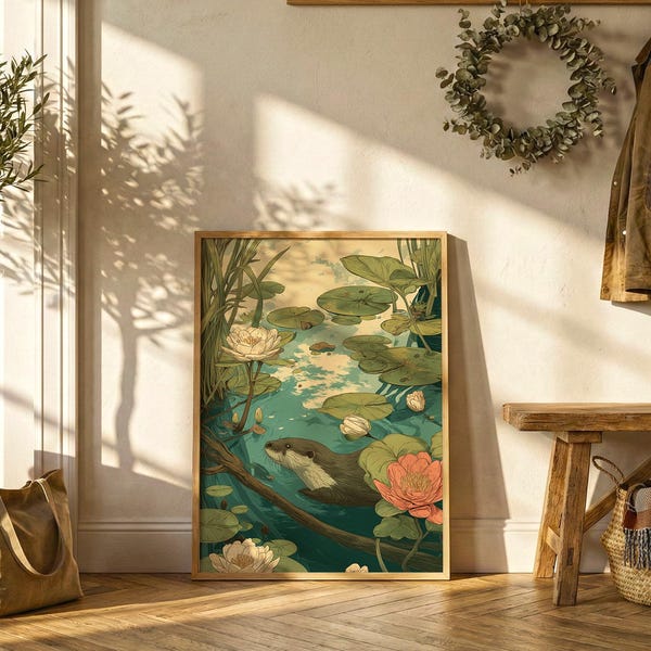 Otter Lily Pond Poster | Whimsical Wildlife Wall Art | Vintage Water Lily Animal Print