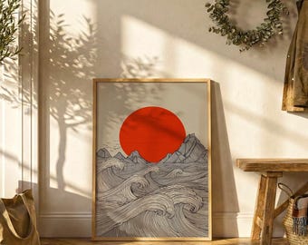 Poster con onde giapponesi / Quadro con sole vermiglio