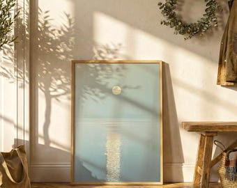 Japanese Moonlit Seascape Poster | Minimal Ocean Wall Art