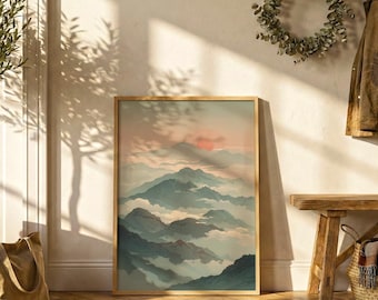 Póster de amanecer en la montaña japonesa / Decoración de pared en tonos neutros