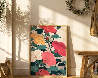 Póster floral japonés / Arte mural botánico