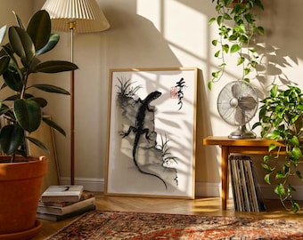 Japanese Ink Lizard Print, Sumi-e Zen Art