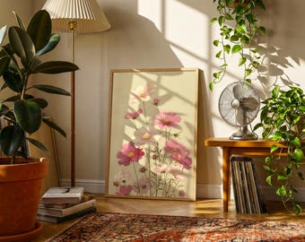 Pink Cosmos Flower Art Print, Japanese Botanical Illustration, Cottagecore Decor