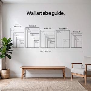 May include: A wall art size guide with various aspect ratios and dimensions in inches and centimeters. The guide includes ratios like 5:7, 2:3, 4:5, 11:14, and 3:4, with corresponding sizes. The text "Wall art size guide" is at the top.