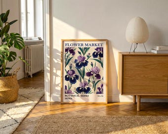 Purple Iris Botanical Print | Vintage Floral Wall Art, Cottage Decor