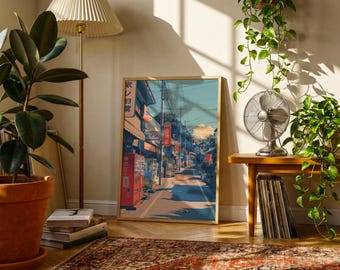 Retro Japanese Street Poster | Vintage Neighborhood Scene Print | Nostalgic Tokyo Alley Travel Wall Art