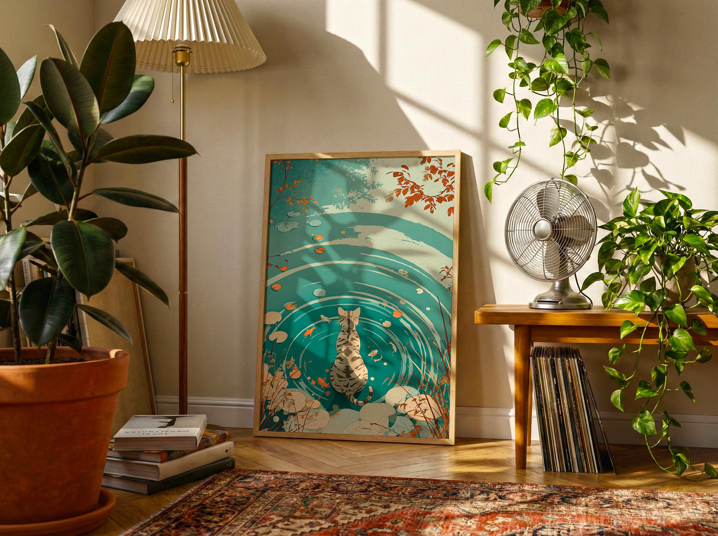 Cat Pond Print | Japanese Style Koi Fish Wall Art, Autumn Nature Decor ...