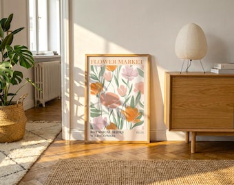 Póster retro de flores silvestres / Arte mural botánico de mediados de siglo, estampado floral color melocotón.