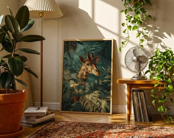 Giraffe Jungle Poster | Vintage Tropical Animal Wall Art | Botanical Safari Print