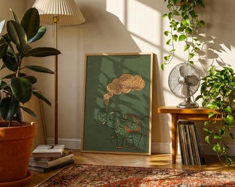 Minimalist Elephant Poster | East Asian Inspired Folk Print | Modern Zen Animal Wall Art