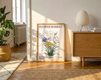 Freesia Flower Poster | Vintage Botanical Art Print, Lavender Yellow Floral Home Decor