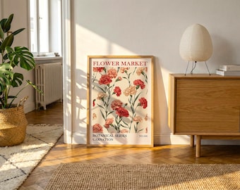 Carnation Floral Poster | Vintage Botanical Wall Art Print, Coral Blush Decor