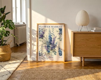 Blue Delphinium Poster | Vintage Floral Wall Art | Indigo Purple Botanical Print for Romantic Elegant Home Decor