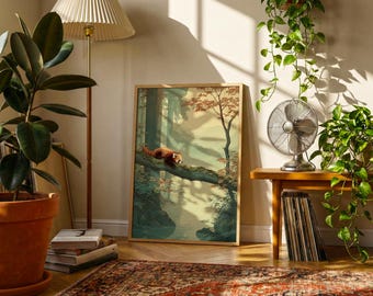 Impresión de arte mural de panda rojo, ilustración de un paisaje forestal caprichoso, decoración del hogar con naturaleza serena