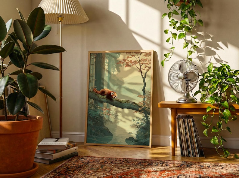 May include: A framed art print featuring a red panda resting on a tree branch in a forest scene. The artwork has a warm color palette with shades of green, brown, and orange. The print is displayed in a room with plants and a vintage fan.