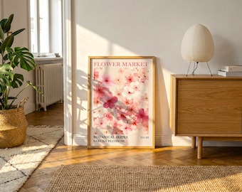 Póster de flores de cerezo / Arte mural floral japonés Sakura, fondo marfil