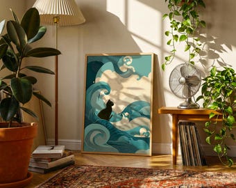 Cat Ocean Waves Poster | Ukiyo-E Style Cat Print | Vintage Japanese Sea Wall Art